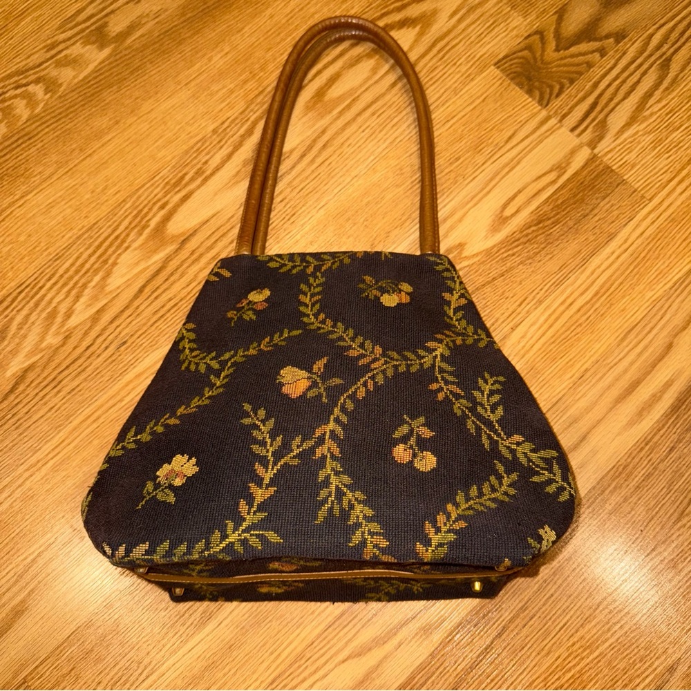 Zalo‎ brown Floral Tapestry Shoulder Bag Leather Trim